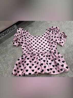 LoveShackFancy Pink Heart Print Peplum Top